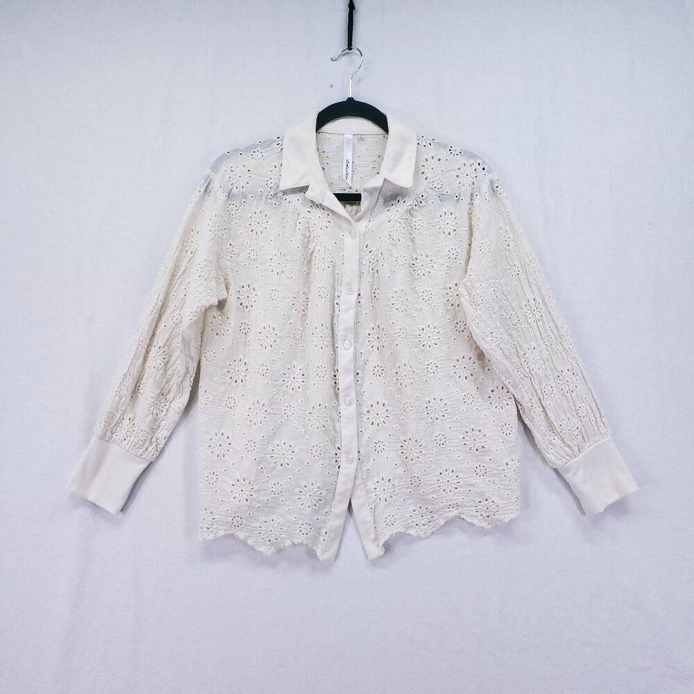 NY Collection Cream Lace Floral Collar Button Down Preppy Top Size M